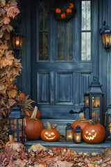 Obraz premium Front porch halloween decor. Festive exterior of a country house with pumpkins and lanterns