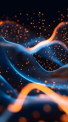 Sound waves with glowing neon lines on a dark background, 2D illustration style, in the style of blue and orange colors