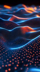 Sound waves with glowing neon lines on a dark background, 2D illustration style, in the style of blue and orange colors