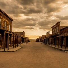 Classic wild west town with vintage buildings, deserted streets, and a warm sunset casting long shadows, creating a timeless scene reminiscent of historic American frontier settlements.