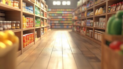 Fototapeta premium Empty aisle in a supermarket with wooden shelves and floor, the light shining through the aisle.