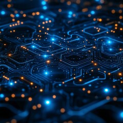 Futuristic Digital Network Circuit Board in Blue and Black