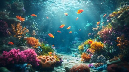 A vibrant coral reef teeming with life, bathed in sunlight, with schools of orange fish swimming through the crystal clear water.