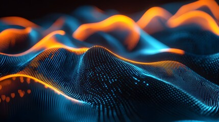 Sound waves with glowing neon lines on a dark background, 2D illustration style, in the style of blue and orange colors