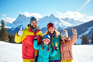 Happy family of four on ski slopes in winter mountain range