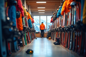 Busy ski resort equipment rental shop with colorful gear