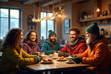 Fototapeta premium Cozy ski resort cafe with skiers enjoying hot coffee and pastries