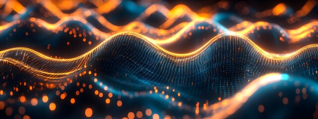 Sound waves with glowing neon lines on a dark background, 2D illustration style, in the style of blue and orange colors