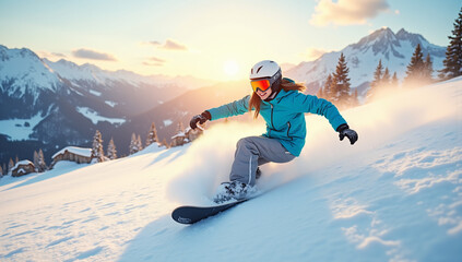 Snowboarder in Turn Surrounded by Powdery Snow and Mountains