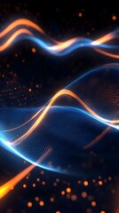 Sound waves with glowing neon lines on a dark background, 2D illustration style, in the style of blue and orange colors