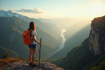 Solo female hiker at cliff edge overlooking misty valley