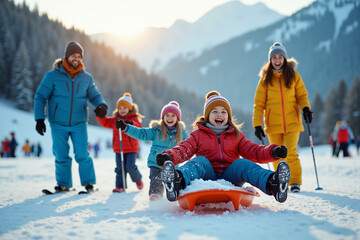 Happy family skiing at mountainside resort