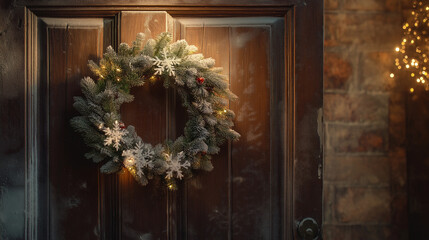 Elegant Christmas wreath on a wooden door, decorated with frosted pine branches and subtle silver accents