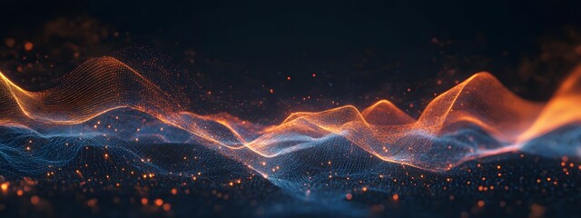 Sound waves with glowing neon lines on a dark background, 2D illustration style, in the style of blue and orange colors