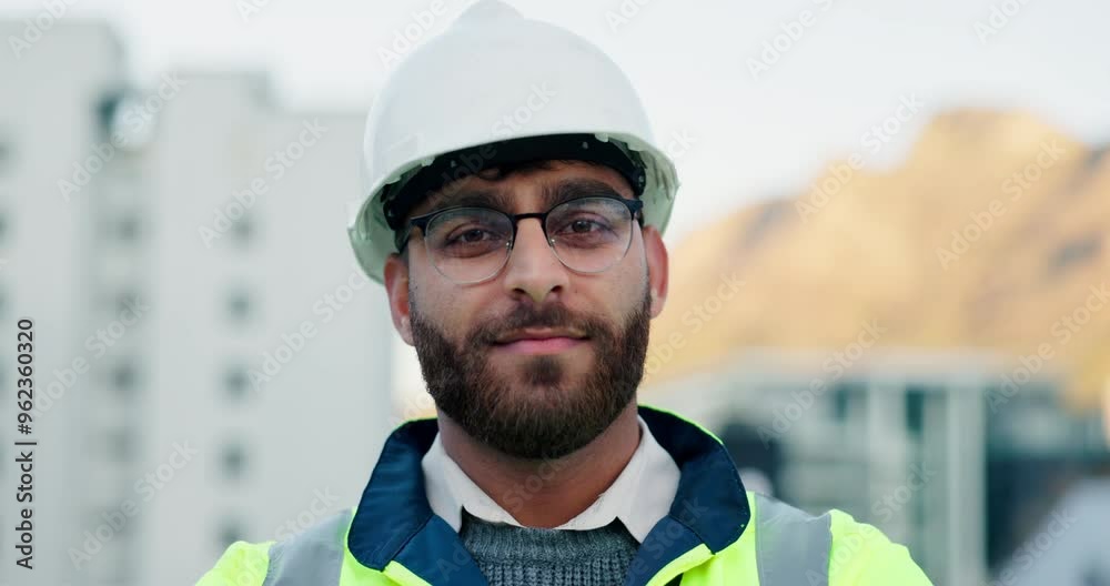 Poster man, architect and helmet with confidence in city for construction, building or architecture on outd