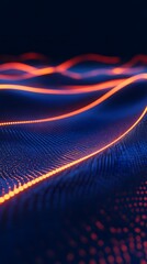 Sound waves with glowing neon lines on a dark background, 2D illustration style, in the style of blue and orange colors