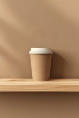 A brown paper cup with a white lid sits on a wooden shelf against a textured brown wall.
