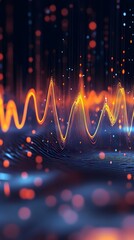 Sound waves with glowing neon lines on a dark background, 2D illustration style, in the style of blue and orange colors