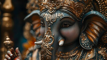 Obraz premium Close up of Ganesha Statue with Golden Ornaments and Intricate Details