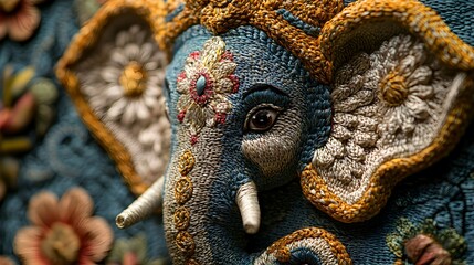 Closeup of Embroidered Elephant with Flower Pattern