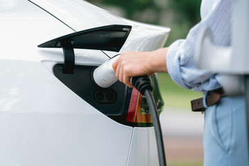 Young woman recharging battery for electric car during road trip travel EV car in natural forest or...