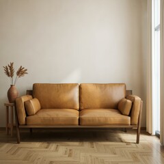 Modern home interior with rattan furniture and dry plant in vase, 3d render