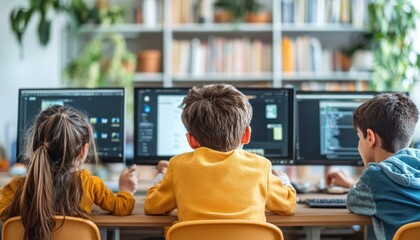 Three Children Using Computers in a Classroom Setting