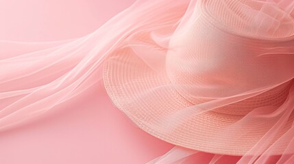 A stylish pink hat elegantly draped with sheer fabric rests on a soft pink background. The monochromatic palette and delicate material convey a light and romantic feel, ideal for fashion, lifestyle