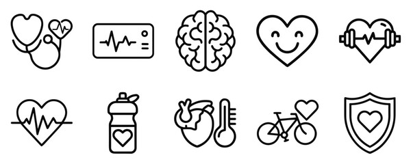 Fitness and Health Icon Set with Hearts, Brain, and Exercise Symbols in Line Art Style