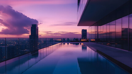 High-rise glass building with rooftop pool at dusk time.