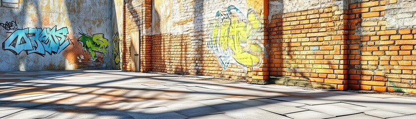 Obraz premium A gritty urban street corner, with weathered brick walls and layered graffiti, sunlight casting harsh shadows, in a hyper-realistic style, emphasizing texture and decay