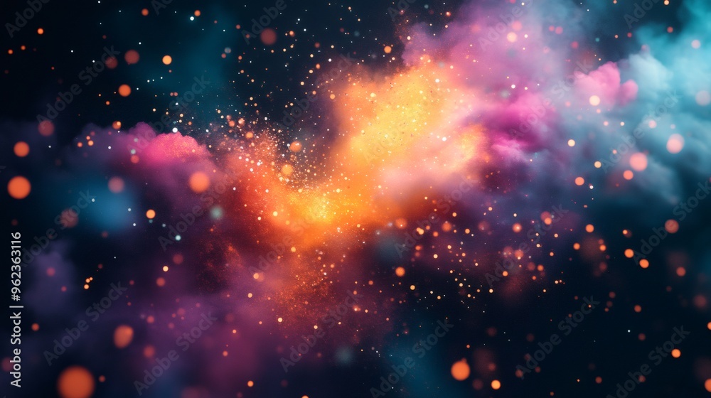 Wall mural abstract background with colorful smoke and bokeh lights.