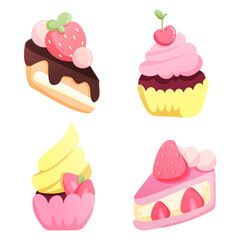 set of flat vector desserts. bright muffin, cupcake, peace of cake with strawberry,cream and chocolate topping. For menu, birthday cards or designs