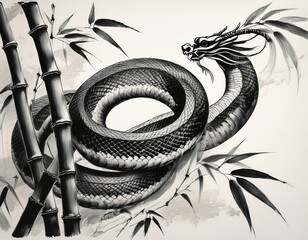 Obraz premium 蛇と他kの水墨画 