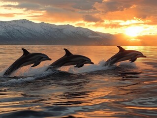 Dolphins leaping gracefully at sunset over tranquil waters with snow-capped mountains in the background