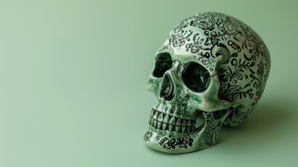 A close-up of a skull sculpture adorned with intricate black floral patterns set against a green background. The decorative design adds a unique artistic touch, blending macabre themes with elegance
