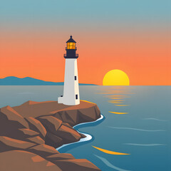 Lighthouse at sunset overlooking calm waters near distant mountains
