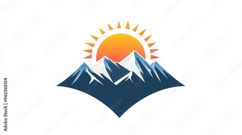 Poster This design features minimalist snow-capped mountains highlighted by a bright sun rising behind them, capturing a tranquil early morning vibe. Generative AI