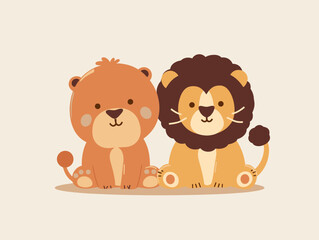Obraz premium Cute cartoon lion and lioness. Vector illustration in flat style
