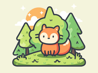 Naklejka premium Cute cartoon fox in the forest. Vector illustration in flat style