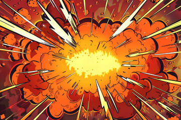 A vibrant explosion graphic featuring fiery orange and yellow colors, radiating energy with dynamic lines illustrating motion and impact.