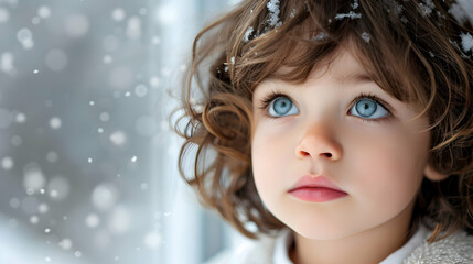 Fototapeta premium Little Kid Looking Out The Window Snowy Day