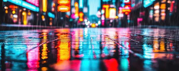 Naklejka premium Glowing neon signs reflected in a rain-soaked street, urban glowtime, atmospheric and vibrant