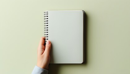 Holding a notebook in one hand, the notebook is placed on a pale background, showing a concise and...