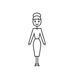 woman character simple sketch, teacher, black outline office worker, editable line, for coloring book, vector illustration