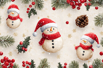 A snowman with a red scarf and a red hat is surrounded by berries