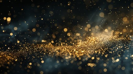 Fototapeta premium A mesmerizing display of floating gold particles on a dark background, creating a dynamic and elegant visual. The bokeh effect adds depth and a sense of luxury, making it perfect for festive or