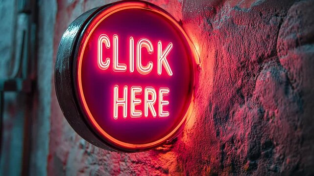 A neon sign with text click here on a brick wall