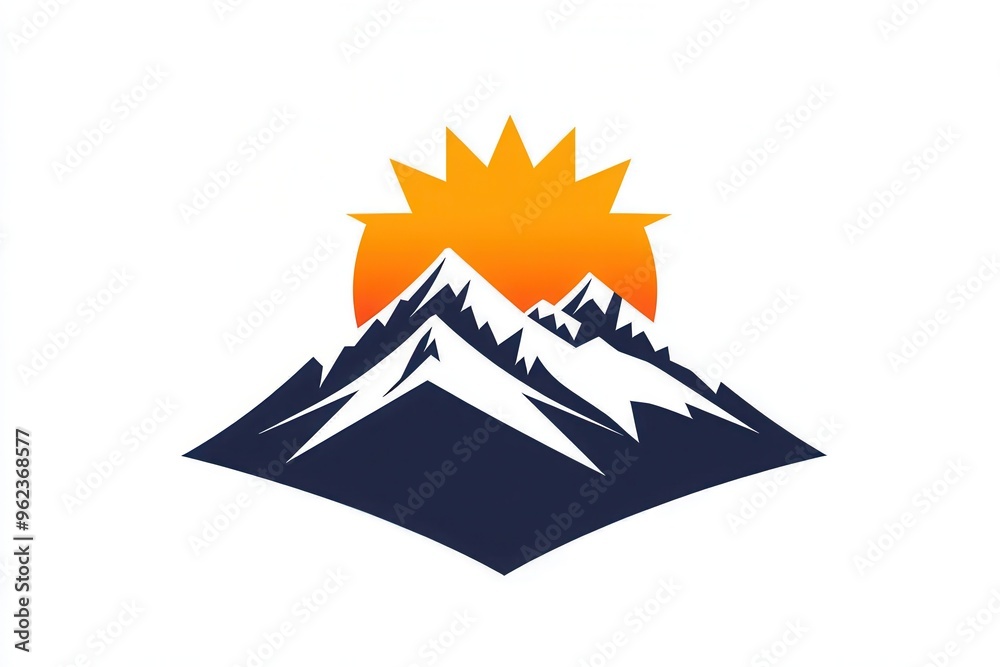 Poster A minimalist design features snow-covered mountains with a bright sun rising behind, evoking feelings of adventure and tranquility in nature. Generative AI