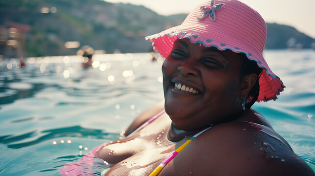 Happy black overweight woman on vacation holiday in swimming pool smiling at camera wearing pink sunhat with starfish. Body positivity. Women's health. Sunbathing in hot country. 